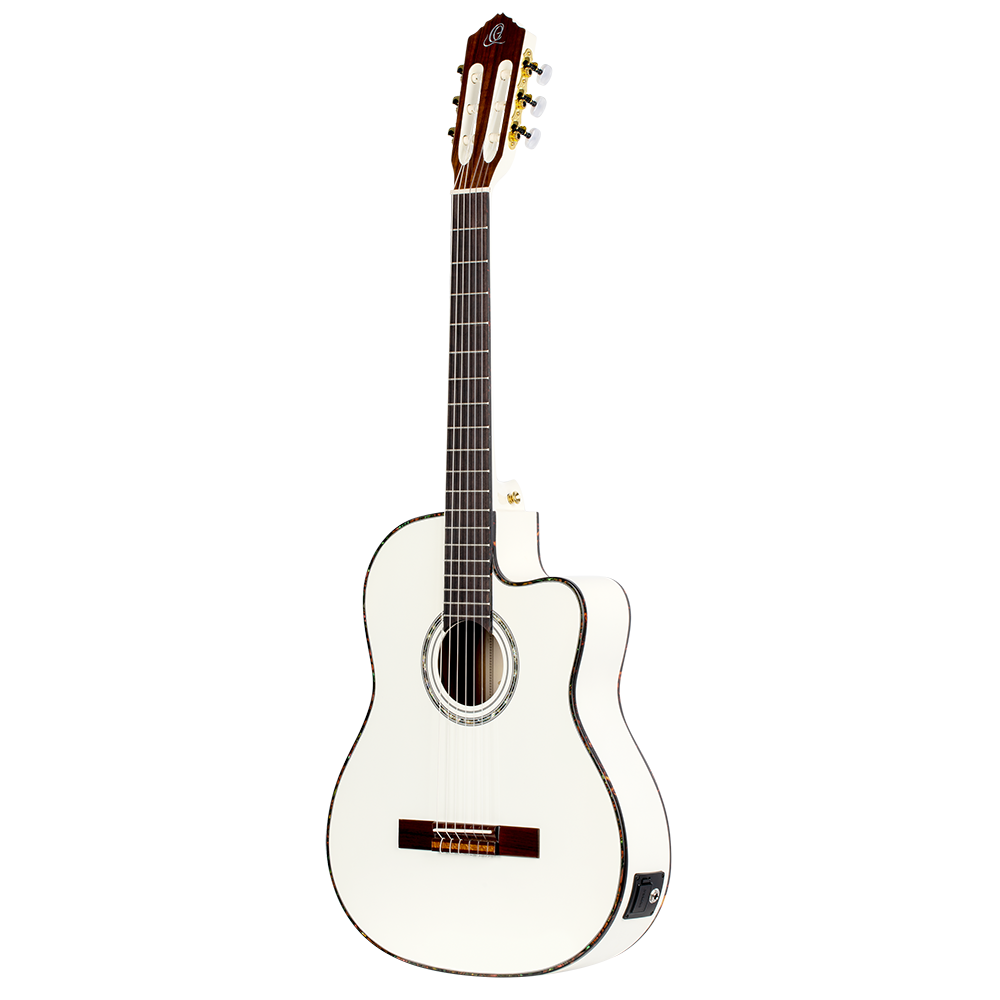 Ortega RCE145WH – Thinline Electro Classical, White Gloss - Angled view
